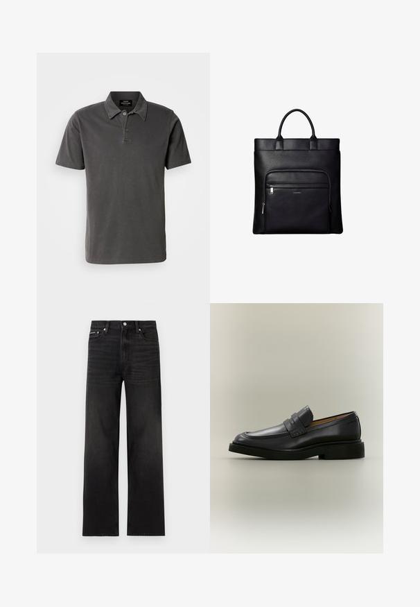 Mørk grå polo skjorte lavet af blød bomuld. Har en krave med to knapper, korte ærmer og en lige kant.; Sorte jeans med lige ben, fem-lomme design, bæltestropper og knaplukning, vist på en hvid baggrund.; Sort læder herreloafer med lav hæl og en remdetalje over vristen, vist i profil på en neutral baggrund.; Sort læder tote taske med top håndtag og en front lynlåslomme med et lille Calvin Klein-logo på lommen.