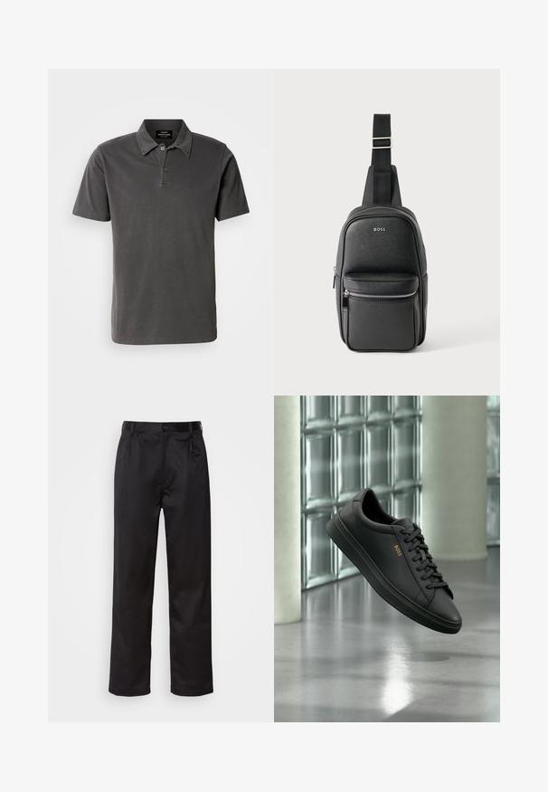 Polo de color gris oscuro, hecho de algodón suave. Presenta un cuello con dos botones, mangas cortas y un dobladillo recto.; Pantalones negros de tela suave, con cierre delantero de botón, pliegues y patas rectas. Sin patrones ni acentos visibles.; Zapatilla baja de piel negra con cordones negros y logo dorado BOSS en el lateral, flotando sobre un suelo gris brillante en un espacio interior moderno.; Bolso bandolera de cuero negro con correa ajustable, bolsillo frontal con cremallera y logotipo "BOSS" sobre superficie lisa y texturizada.