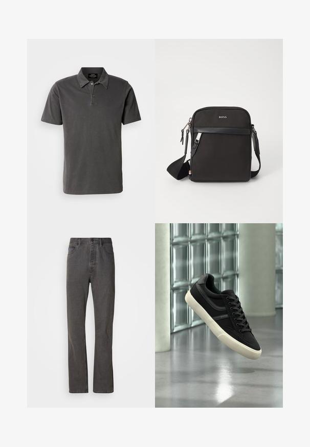 Mørk grå polo skjorte lavet af blød bomuld. Har en krave med to knapper, korte ærmer og en lige kant.; Grå denim jeans med lige ben-design, der har forlommer, knaplukning og subtil tekstur.; Sort lavt sneakersko med hvid sål og snørebånd, mærket "BOSS", svævende indendørs nær glasblokvinduer og betonpiller.; Sort crossbody taske med et struktureret stof, logo på fronten, lynlås lukning og justerbar rem. Har en glat læderkant.