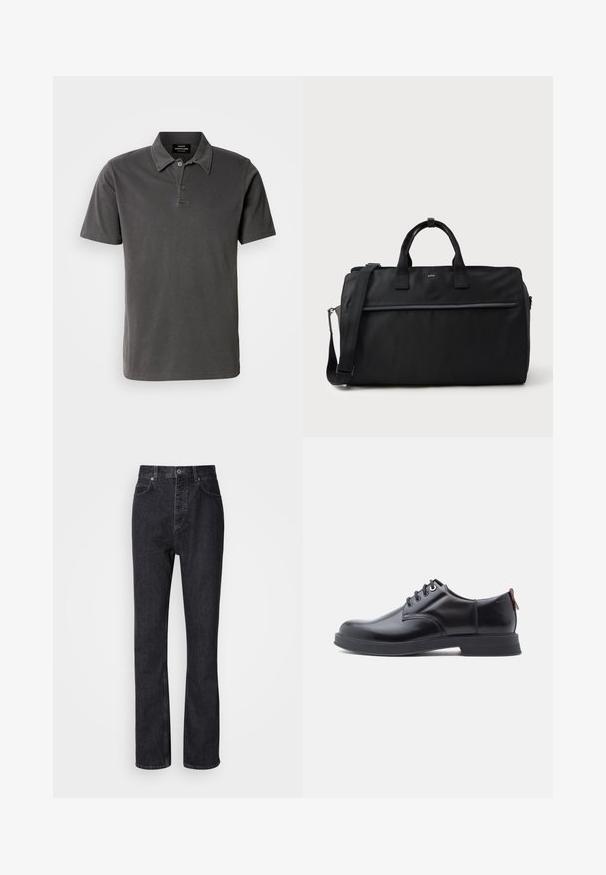 Polo de color gris oscuro, hecho de algodón suave. Presenta un cuello con dos botones, mangas cortas y un dobladillo recto.; Jeans de mezclilla negros de cintura alta con cierre de botón y cremallera, bolsillos frontales y traseros, y corte recto.; Zapatos de piel negra con cordones, textura lisa, puntera redondeada y detalles sutiles de costura. Cuentan con una lengüeta roja en el talón.; Bolsa de viaje rectangular negra con asas dobles, correa de hombro ajustable, bolsillo delantero con cremallera y pequeño logo "BOSS" en la parte frontal.