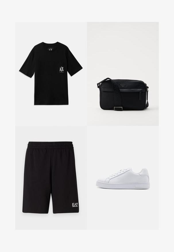 Schwarzes kurzärmliges T-Shirt aus Baumwolle, mit einer Tasche auf der linken Brustseite, versehen mit einem weißen aufgedruckten Logo und einem Rundhalsausschnitt.; Schwarze Sportshorts aus weichem Stoff, mit einem elastischen Bund und einem kleinen weißen Logo auf der unteren rechten Seite.; Weiße Ledersneaker mit glatter Textur, runder Zehenform, Schnürung vorne und flacher Gummisohle. Mit eingeprägtem Branding an der Ferse.; Schwarze Nylon-Schultertasche mit einem kontrastierenden Riemen, schlanker rechteckiger Form, Logo-Detail und einer Reißverschlusstasche auf der Vorderseite.