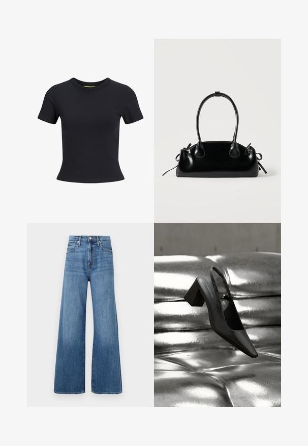 Zwart, aansluitend T-shirt met korte mouwen, ronde hals en licht taps toelopende taille, weergegeven op een witte achtergrond.; Blauwe high-waisted wijde jeans met knoop- en ritsluiting, voorzakken en subtiele vervaging op de stof.; Zwarte slingback hak met een puntige neus, voorzien van een getextureerd oppervlak en een stevige blokhak. Geplaatst tegen een glanzende, metallic achtergrond.; Kleine zwarte glanzende handtas met twee lange hengsels en zijkant trekkoord details op een effen lichte achtergrond.