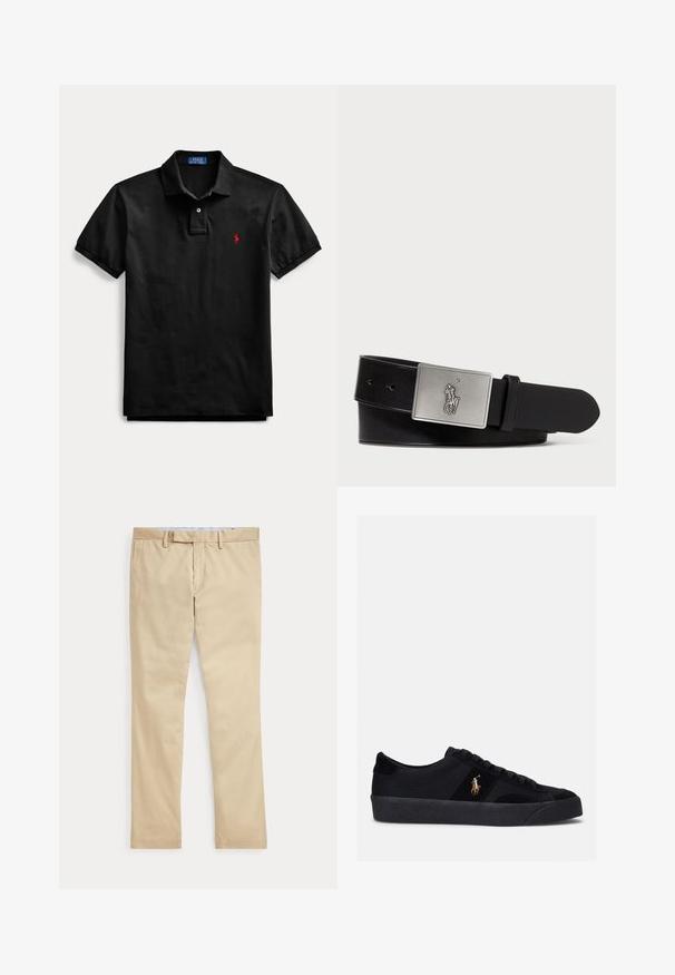 Zwarte korte mouwen polo met kraag, tweeknops sluiting en klein rood geborduurd logo op de linkerborst.; Beige broek met rechte pijpen, ceintuurlussen en een voorrits, plat gelegd tegen een witte achtergrond.; Zwarte sneakers met een bovenwerk van stof en suède, ronde neus, platte rubberen zool en geborduurd logo aan de zijkant. Vetersluiting met zes veterogen.; Zwarte leren riem met een rechthoekige zilverkleurige metalen gesp met een reliëf van een ruiterlogo, een gladde textuur en vijf riemgaten.