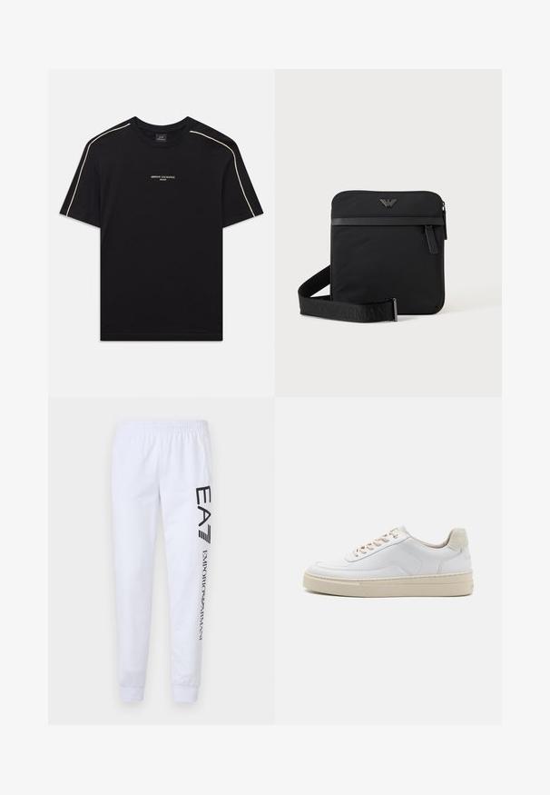Schwarzes Baumwoll-T-Shirt mit kurzen Ärmeln, rundem Ausschnitt, beigem Akzentstich an den Schultern und ARMANI EXCHANGE-Logo in der Mitte.; Weiße Sweatpants aus weichem Material, mit schwarzen aufgedruckten Logos "EA7" und "Emporio Armani" entlang des linken Beins, ausgestattet mit elastischem Bund und Bündchen.; Weiße Sneaker mit einem glatten Lederobermaterial, beigen Schnürsenkeln und einer strukturierten, beigen Wildleder-Fersenschlaufe. Erhöhte Sohle für zusätzlichen Komfort.; Schwarze quadratische Schultertasche mit Reißverschluss, Vordertasche und verstellbarem Riemen mit eingeprägtem Markennamen.