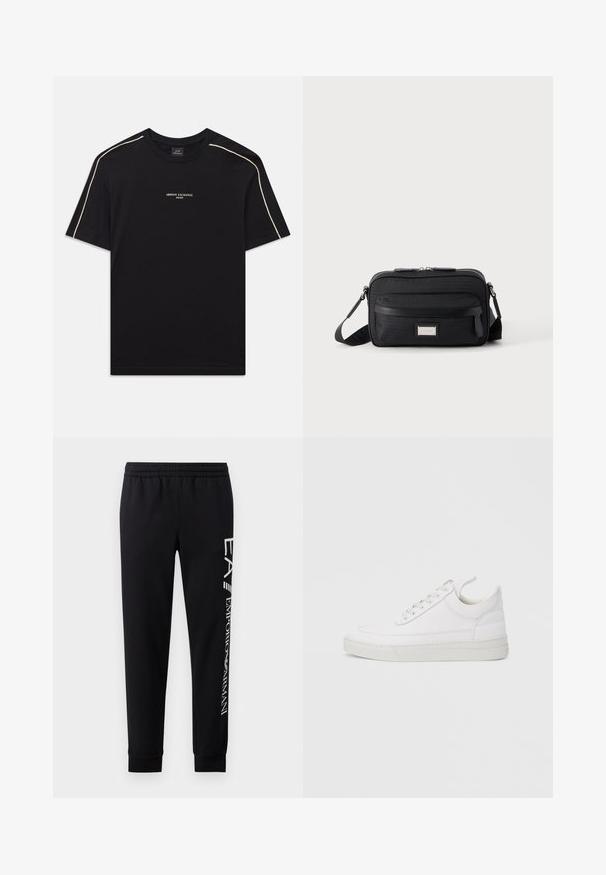 Schwarzes Baumwoll-T-Shirt mit kurzen Ärmeln, rundem Ausschnitt, beigem Akzentstich an den Schultern und ARMANI EXCHANGE-Logo in der Mitte.; Schwarze Sweatpants aus Baumwollmischung mit elastischem Taillenbund, schmal zulaufenden Beinen, gerippten Bündchen und weißem Logo-Druck entlang der Seite.; Weißer Ledersneaker mit abgerundetem Zehenbereich, flacher Sohle und Schnürverschluss. Verfügt über Nahtdetails und einen gepolsterten Kragen für zusätzlichen Komfort.; Schwarze rechteckige Umhängetasche mit vorderer Reißverschlusstasche, verstellbarem Riemen und silberner rechteckiger Logo-Plakette auf einfarbigem Hintergrund.