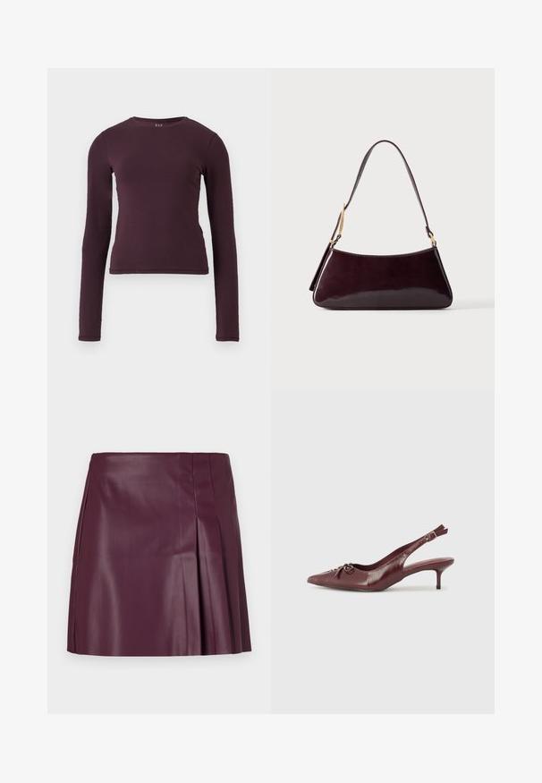 Camiseta de manga larga y cuello redondo en púrpura oscuro, fabricada en un tejido suave y elástico. Presenta un diseño ajustado sin patrones o acentos visibles.; ONLY ONLARTZY Short - Minifalda - mauve wine; Tacón slingback de cuero burdeos con punta afilada, correa ajustable y detalle decorativo de lazo en la parte delantera. Altura del tacón de 3 pulgadas.; Bolso de cuero marrón oscuro y brillante con una sola correa de hombro y detalles en hardware de tono dorado sobre un fondo liso.
