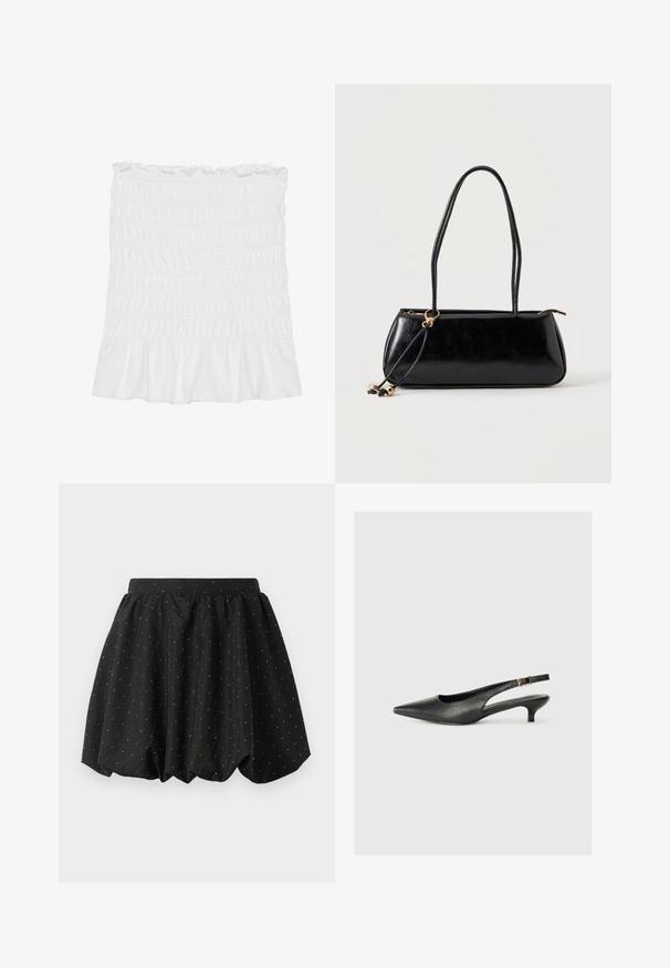 Jupe blanche en tissu smocké avec un ourlet volanté et une taille élastique, présentant une surface texturée et un design fluide.; Jupe bulle noire avec une taille élastique et un motif de pois blancs. Fabriquée en tissu léger, elle présente un design volumineux et un ourlet arrondi.; Chaussure slingback noire à bout pointu en cuir lisse. Présente un talon fin et un détail de boucle sur la sangle réglable.; Sac à main rectangulaire noir avec deux longues bandoulières, détail anneau doré et fermeture éclair sur un fond clair uni.