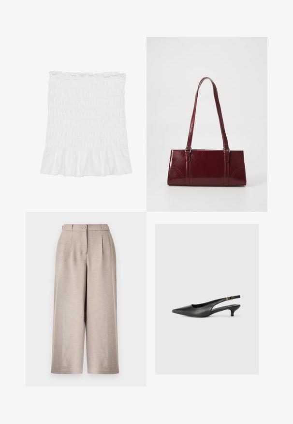 Jupe blanche en tissu smocké avec un ourlet volanté et une taille élastique, présentant une surface texturée et un design fluide.; Pantalon beige taille haute à jambes larges avec plis sur le devant, fermeture par bouton et passants pour ceinture sur fond blanc.; Chaussure slingback noire à bout pointu en cuir lisse. Présente un talon fin et un détail de boucle sur la sangle réglable.; Sac à main bordeaux en matériau brillant, de forme rectangulaire, avec deux anses et des accents légèrement courbés à l'avant.