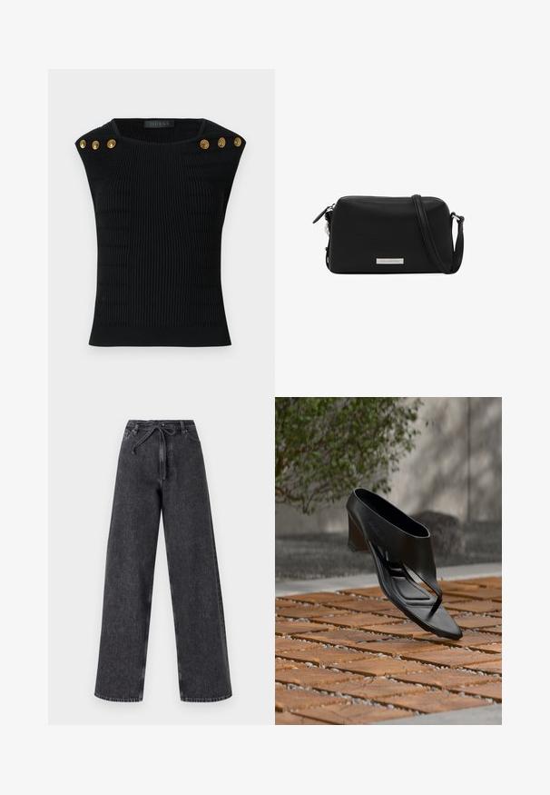 Zwarte geribbelde gebreide top met schouderknopen in goud. Heeft een gestructureerd patroon, een aansluitend ontwerp en een ronde halslijn.; Hoge taille, wijde pijp zwarte denim jeans met een trekkoordsluiting. Heeft een vervaagde textuur en subtiele stikseldetails.; Zwarte sandaal met hoge hak en teenslipperbandje, zwevend boven een patroon van houten en grind buitenoppervlak met vage begroeiing en een muur op de achtergrond.; Zwarte leren crossbodytas met ritssluiting, zilverkleurig logo plaatje en verstelbare riem. Gladde textuur met een rechthoekige vorm.