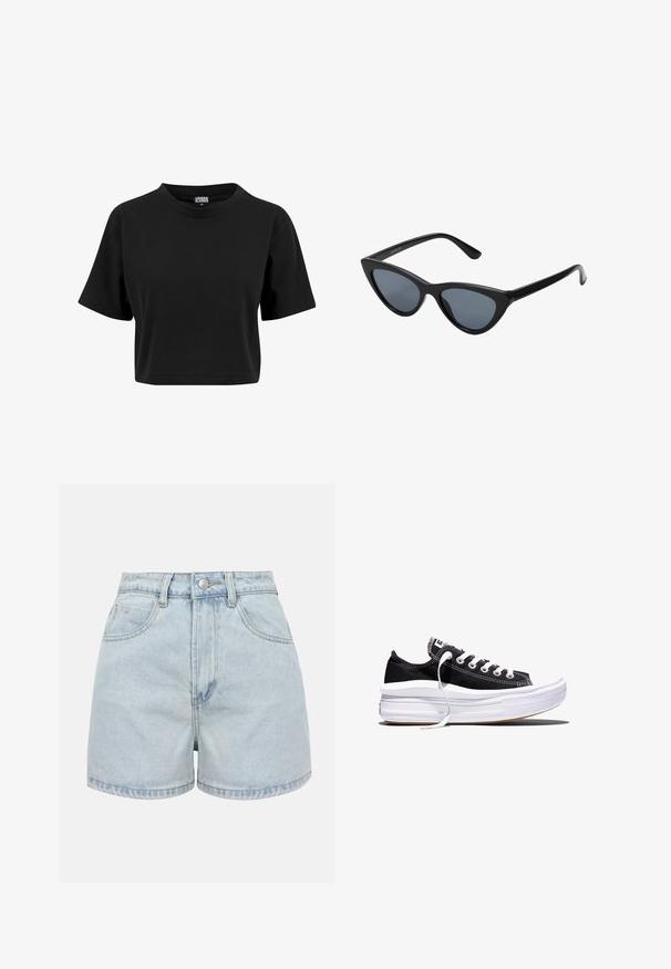 T-shirt noir court en coton, avec un col rond et des manches courtes, présentant une texture lisse et unie sans graphiques visibles.; Shorts en jean bleu clair à taille haute avec boutons sur le devant, fermeture éclair et deux poches avant sur fond uni.; Baskets basses en toile noire avec des lacets blancs et une semelle épaisse en caoutchouc blanc multi-couches sur fond blanc.; Lunettes de soleil noires en forme d'œil de chat avec des verres gris foncé, monture en plastique élégante, coins pointus et branches droites. Pas de métal visible ni d'accents.