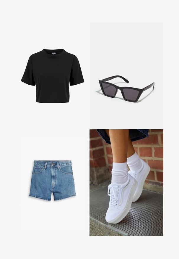 T-shirt noir court en coton, avec un col rond et des manches courtes, présentant une texture lisse et unie sans graphiques visibles.; Shorts en denim bleu clair, comportant cinq poches, un zip et un bouton de fermeture. L'ourlet est effiloché, avec une coupe décontractée.; Baskets en toile blanches avec semelles en caoutchouc, dotées de six œillets, d'un bout rond et de détails de couture légers, portées avec des chaussettes blanches mi-mollet.; Lunettes noires angulaires avec des verres gris ; fabriquées en plastique, avec des branches épaisses à la surface lisse et sans matériel visible.