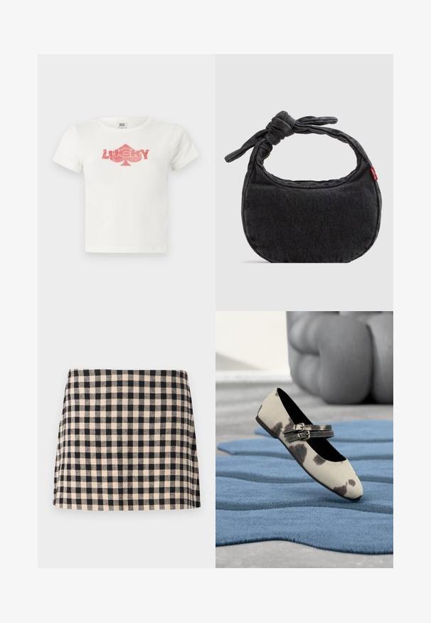 Camiseta blanca de algodón de manga corta con un gráfico de purpurina rosa que dice "LUCKY" y una forma de trébol debajo.; Falda a cuadros negra y crema con corte recto, que presenta una textura suave y un dobladillo que se sitúa por encima de la rodilla. Sin herrajes ni acentos.; Zapato plano beige con manchas negras y correas con doble hebilla descansando sobre una alfombra azul texturizada.; Bolso pequeño de hombro de mezclilla negra con correa anudada y cierre de cremallera, con una etiqueta de tela roja de Levi's en el lateral.