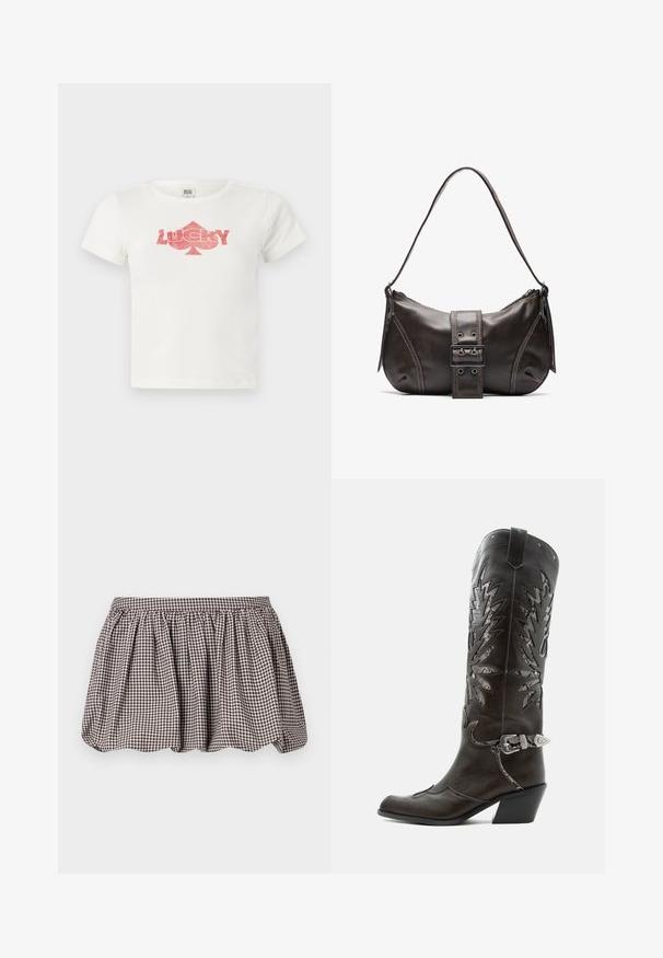 Camiseta blanca de algodón de manga corta con un gráfico de purpurina rosa que dice "LUCKY" y una forma de trébol debajo.; Falda en línea A a cuadros marrón y blanco con cintura fruncida, hecha de un tejido ligero, que presenta un sutil patrón texturizado.; Bota cowboy de cuero negro con recortes decorativos, hebilla plateada y tacón inclinado, presentada sobre fondo blanco.; Bolso de hombro de cuero marrón con forma curva, que presenta un prominente detalle de hebilla, costuras en contraste y una sola correa para el hombro.