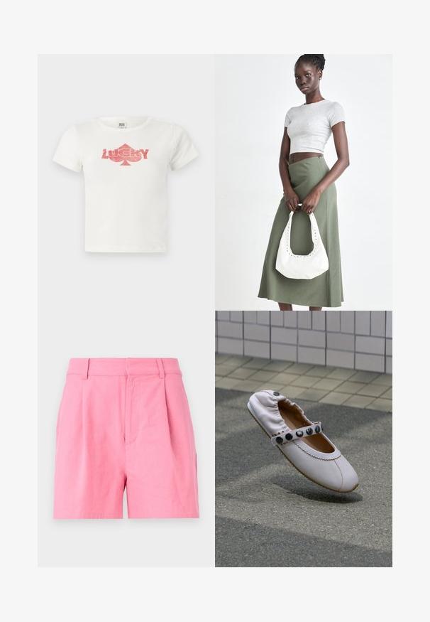 Camiseta blanca de algodón de manga corta con un gráfico de purpurina rosa que dice "LUCKY" y una forma de trébol debajo.; Pantalones cortos rosas de algodón con una textura suave, que cuentan con pliegues, una cinturilla y bolsillos laterales para mayor funcionalidad.; Zapato plano de cuero blanco con parte trasera elástica y correa adornada con grandes botones negros sobre asfalto gris con fondo de pared con azulejos.; Top corto de canalé gris y falda de tiro alto verde oliva. La modelo sostiene un bolso de hombro blanco con detalles recortados. Diseño simple, silueta ajustada.