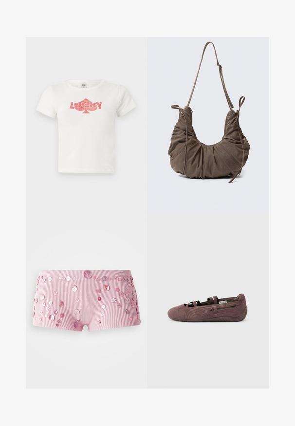 Camiseta blanca de algodón de manga corta con un gráfico de purpurina rosa que dice "LUCKY" y una forma de trébol debajo.; Pantalones cortos de color rosa con canalé adornados con botones brillantes de diferentes tamaños esparcidos por la tela.; Zapato plano tipo ballet de ante marrón con correas elásticas y suela texturizada, mostrado de perfil sobre un fondo claro y liso.; Bolso bandolera de ante marrón con detalles fruncidos, correa ajustable y lazos decorativos laterales, mostrado sobre un fondo neutro.