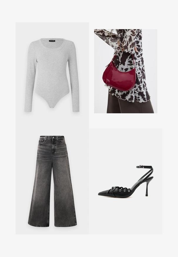 Langærmet bodysuit i lysegrå ribbet stof, med en scoop-udskæring og en tætsiddende silhuet samt en thong-style bund.; Bredde sorte denim jeans med en blødvasket finish, fem-lomme design og knaplukning i taljen, med stikninger som detaljer.; Sort spids hæl med bølgede kanter, metaløjer, snørelukning foran og ankelrem med spænde.; Kvinde iført en sort- og hvidmønstret bluse, der holder en blank rød skuldertaske mod en ensfarvet baggrund.