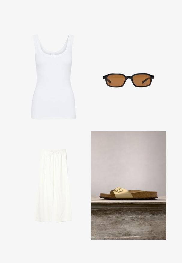 Weißes Tanktop mit rundem Ausschnitt, breiten Schulterträgern und tailliertem Schnitt, aus einem glatten, dehnbaren Stoff gefertigt.; Weiße Hose mit weitem Bein, elastischem Bund und Kordelzug, aus leichtem Stoff.; Goldfarbene synthetische Slide-Sandale mit einem einzigen Riemen und Schnallenakzent, ausgestattet mit einem braunen Korkfußbett und einer strukturierten Gummisohle.; Schwarze rechteckige Sonnenbrille mit dickem Rahmen und braunen getönten Gläsern, von vorne auf weißem Hintergrund gezeigt.