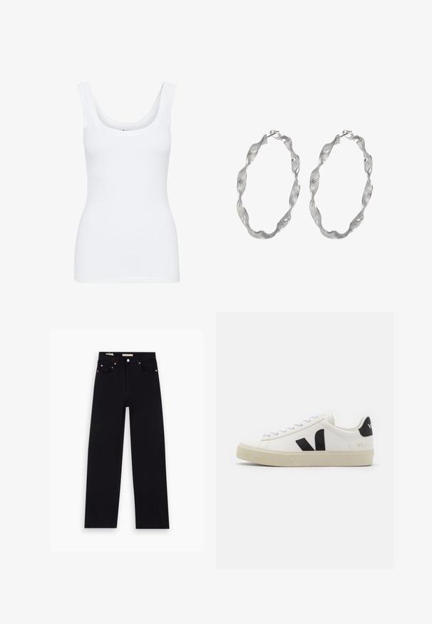 Witte tanktop met een ronde halslijn, brede schouderbanden en een nauwsluitend ontwerp, gemaakt van een gladde, rekbare stof.; Zwarte denim jeans met een recht model, vijf zakken, koperen hardware en een gladde textuur. Twee labels zichtbaar op de tailleband.; Witte leren sneaker met zwart rubberen V-logo. Getextureerde off-white zool, witte veters en een achterkant met een detail van de merknaam in het zwart.; Zilveren ringoorbellen met een gedraaide ontwerp, met een gestructureerd oppervlak en een veilige sluiting. Lichtgewicht en reflecterend met een vloeiende afwerking.