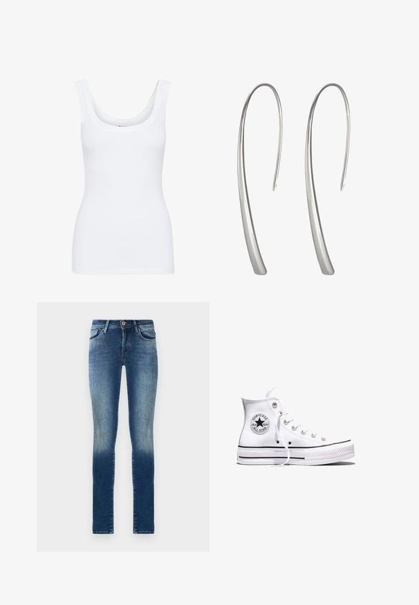 Weißes Tanktop mit rundem Ausschnitt, breiten Schulterträgern und tailliertem Schnitt, aus einem glatten, dehnbaren Stoff gefertigt.; Schmale Jeans aus Denim in Mittelblau mit einem allmählichen Verblassen, fünf Taschen und einem Knopfverschluss.; Weißer Converse Chuck Taylor All Star High-Top-Sneaker mit schwarzen Streifen und Logo-Patch an der Seite, präsentiert vor einem schlichten weißen Hintergrund.; Lange silberne Tropfohrringe mit einem eleganten, länglichen Design und einer glatten, polierten Oberfläche. Sie verfügen über eine minimalistische geschwungene Form.