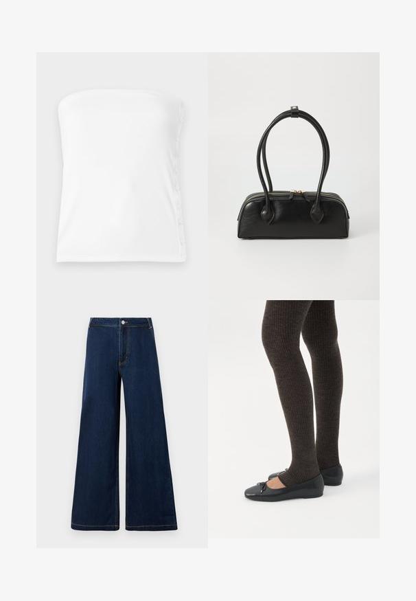 Top blanc sans bretelles en tissu côtelé, avec un décolleté droit et des boutons sur le côté droit pour un ajustement ajustable.; Jeans en denim à jambe large de couleur bleu foncé avec des coutures dorées, dotés d'une fermeture à bouton et à fermeture éclair à l'avant, et d'un design classique à cinq poches.; Jambes portant des leggings côtelés foncés associés à des ballerines noires avec de petits détails en nœud sur fond blanc.; Sac à main en cuir noir avec deux anses allongées, fermeture éclair et forme arrondie ; texture lisse avec une finition légèrement brillante.