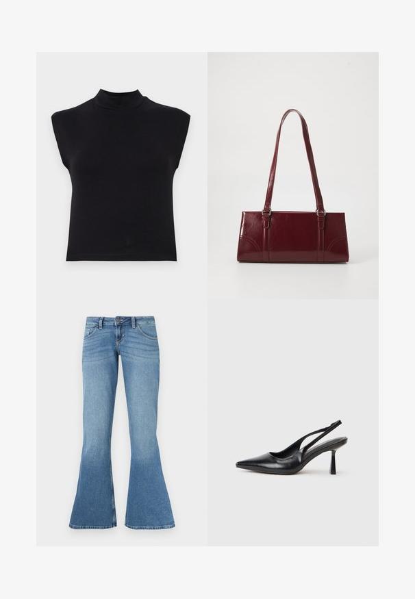 Schwarzes ärmelloses Oberteil mit hohem Ausschnitt. Aus weichem Stoff gefertigt, zeichnet es sich durch ein figurbetontes Design und eine glatte Textur ohne sichtbare Muster oder Akzente aus.; Blaue Denim-Flared-Jeans mit hoher Taille, fünf Taschen, kontrastierenden Nähten und einem leichten Farbverlauf zum Saum hin.; Schwarzer Leder Slingback High Heel Schuh mit spitzer Zehenpartie und schmalem Absatz auf einem weißen Hintergrund.; Burgunderfarbene Handtasche aus glänzendem Material, rechteckige Form, mit zwei Schulterriemen und subtilen, geschwungenen Akzenten an der Vorderseite.