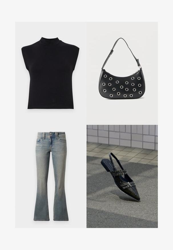 Top noir sans manches avec un col haut. Fabriqué en tissu doux, il présente un design ajusté et une texture lisse sans motifs ni accents visibles.; Jean évasé bleu clair en denim. Comprend deux poches avant, une fermeture à bouton et un léger dégradé sur le tissu.; Chaussures slingback à bout pointu en simili cuir serpent noir, avec des brides à double boucle et un talon plat, présentant une texture lisse et un design moderne.; Sac d'épaule en cuir noir avec bandoulière réglable, orné d'œillets en métal argenté et fermeture éclair supérieure.