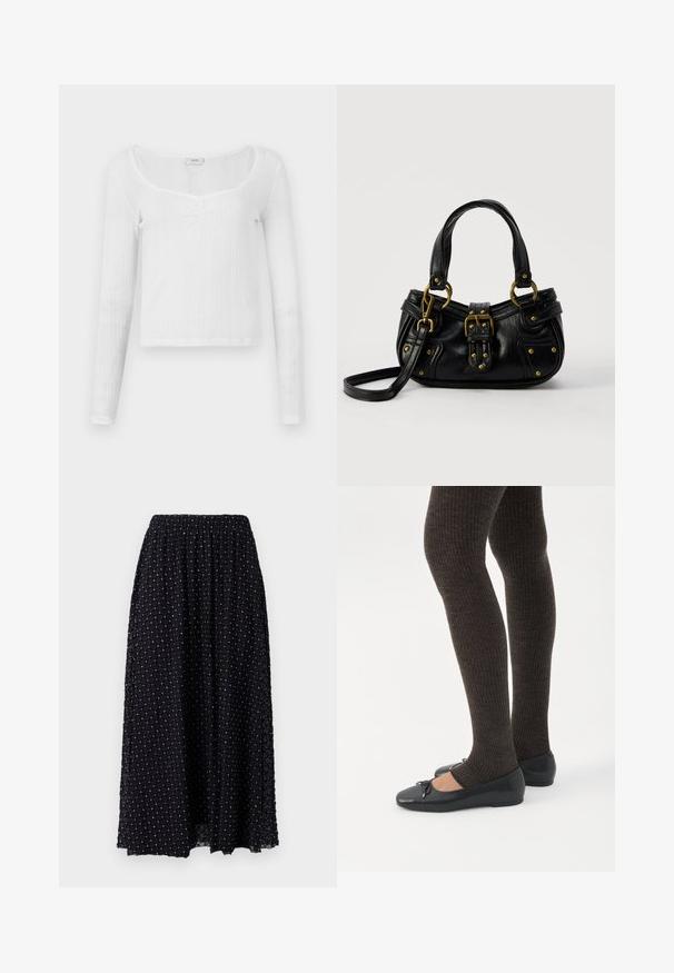 Top blanco de manga larga con un diseño ajustado, patrón de rayas texturizadas, escote redondeado y tres botones en el centro.; Falda maxi negra con una textura de malla de patrón en diamante, cintura elástica y ligero fruncido en la parte superior, con detalles plateados a lo largo.; Piernas con leggings oscuros acanalados combinados con bailarinas negras que presentan pequeños detalles de lazo sobre un fondo blanco.; Bolso de cuero negro con hebilla y detalles de remaches dorados, asas cortas y una correa de hombro ajustable sobre un fondo blanco liso.