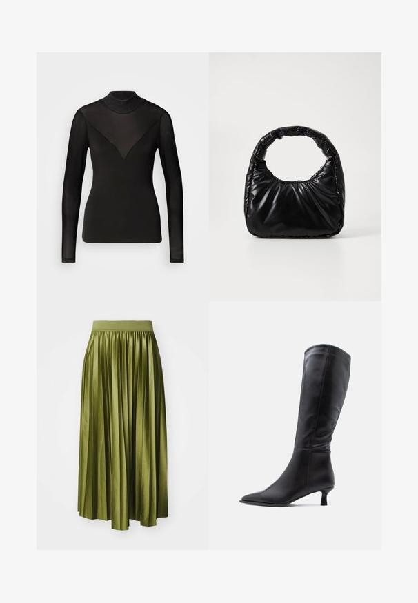 Top negro de manga larga con paneles transparentes que forman una forma de V en el escote. Textura suave, diseño ajustado, cuello alto.; Falda midi plisada en satén verde oliva, con una amplia cinturilla elástica y una silueta fluida con plisados verticales.; Bota negra de cuero hasta la rodilla con punta afilada y tacón delgado. Textura lisa con un diseño de caña ajustada y herrajes mínimos.; Bolso negro acolchado con un asa redondeada, que presenta una superficie lisa y brillante y una textura suave y acolchada. Sin herrajes ni acentos visibles.