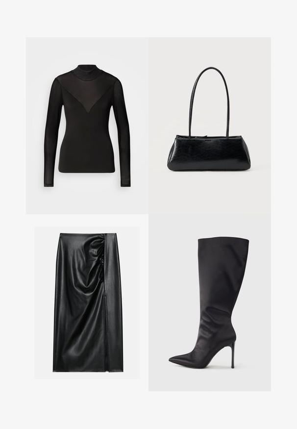 Top negro de manga larga con paneles transparentes que forman una forma de V en el escote. Textura suave, diseño ajustado, cuello alto.; Falda de cuero negro con una textura suave, con una sección fruncida en un lado y una abertura lateral para añadir detalle.; Bota negra hasta la rodilla con tacón de aguja, hecha de material liso y elegante; punta puntiaguda; ajuste ceñido con un sutil fruncido cerca del tobillo; tacón brillante.; Bolso de hombro rectangular negro con correas largas y delgadas y una textura lisa y brillante sobre un fondo liso.