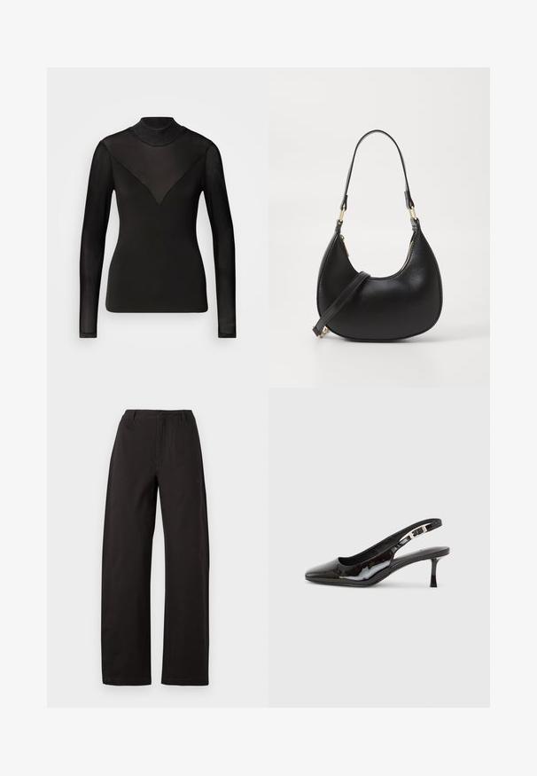 Top negro de manga larga con paneles transparentes que forman una forma de V en el escote. Textura suave, diseño ajustado, cuello alto.; Pantalones de pierna ancha negros, con una cintura alta, corte recto y textura suave. Sin patrones visibles ni detalles de herrajes.; Zapato slingback de charol negro con punta afilada, hebilla plateada y tacón bajo tipo kitten sobre un fondo liso y claro.; Bolso de mano de cuero negro con forma curva, que cuenta con un cierre superior con cremallera, un asa corta y una correa para el hombro desmontable. Accesorios en dorado.