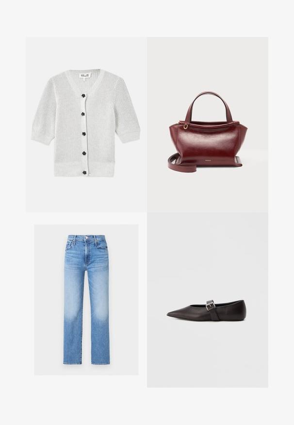 Grå strikket cardigan med V-hals, trekvartærmer, tekstureret stof og sorte blomsterknapper foran.; Blå, højtaljede jeans med lige ben i denim med forlommer, bæltestropper, knap og falmede vaskedetaljer på lår og knæ.; Sko med spids tå i sort læder, flad hæl, med en smal rem og en metal spænde på siden. Glat tekstur med et minimalistisk design.; Mørkerød lædertaske med to håndtag øverst, aftagelig skulderrem, guldfarvet hardware og mærkenavnet Wandler på forsiden i midten.