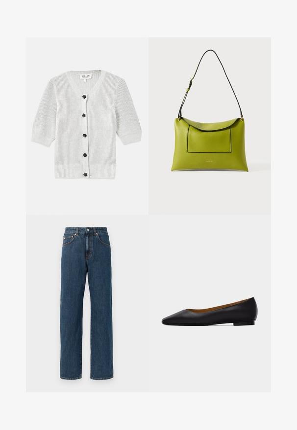 Grå strikket cardigan med V-hals, trekvartærmer, tekstureret stof og sorte blomsterknapper foran.; Mørkeblå denim jeans med lige pasform. Har fem lommer, subtile syninger og en knaplukning i taljen.; Sort læder flad sko med spids tå, lav hæl og glat finish, vist fra siden på en lysegrå baggrund.; Grøn tekstureret læderhåndtaske med sort rem, der har en klaplukning og en frontlomme. Guldhardwaredetaljer og minimalistisk design.