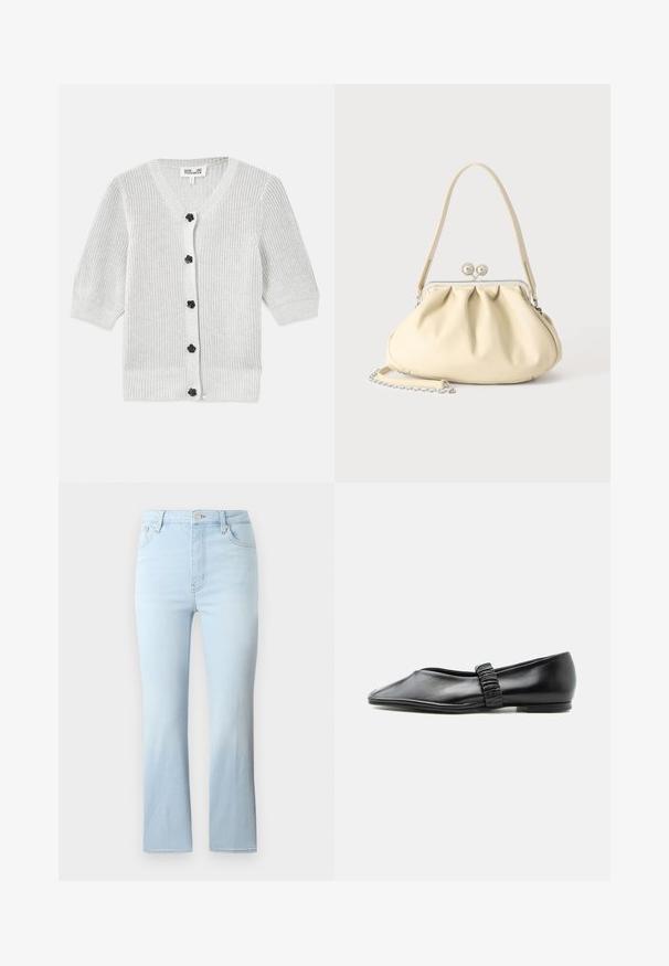 Cardigan de punto gris con escote en V, mangas tres cuartos, tejido texturizado y botones florales negros en la parte delantera.; FRAME THE REBOOT CROP - Vaqueros bootcut - light blue; Zapato plano de cuero negro con una correa fruncida en la parte superior y una punta ligeramente afilada, mostrado sobre un fondo liso.; Bolso de mano de piel suave color crema con diseño fruncido, cierre de marco plateado, asa corta y una correa de cadena desmontable.