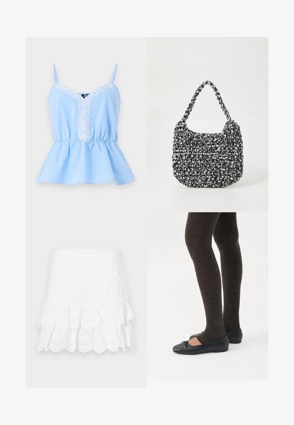 Haut sans manches bleu clair avec un décolleté en V, présentant des détails brodés blancs sur le devant et une taille élastique pour une silhouette évasée.; Jupe en coton blanc présentant un design à volants superposés avec broderie à œillets au bas. Texture lisse, longueur au-dessus du genou.; Jambes portant des leggings côtelés foncés associés à des ballerines noires avec de petits détails en nœud sur fond blanc.; Sac en osier noir et blanc de forme arrondie, avec une surface texturée et une poignée tressée. Convient à un usage décontracté.