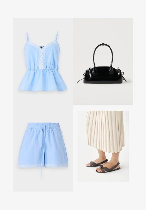 Haut sans manches bleu clair avec un décolleté en V, présentant des détails brodés blancs sur le devant et une taille élastique pour une silhouette évasée.; Shorts en coton bleu clair avec une taille smockée, un cordon de serrage et une finition en dentelle blanche au bas. Texture douce et coupe décontractée.; Pieds portant des sandales marron foncé à bride arrière avec des bretelles croisées, assorties à une longue jupe plissée de couleur crème.; Petit sac à main noir brillant avec deux longues anses et des détails à cordon sur les côtés sur un fond clair uni.