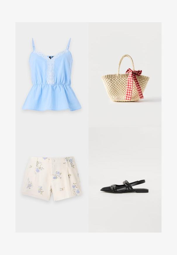 Haut sans manches bleu clair avec un décolleté en V, présentant des détails brodés blancs sur le devant et une taille élastique pour une silhouette évasée.; Shorts fleuris en tissu léger, avec une base crème et des motifs de fleurs bleues et vertes, deux poches avant et une fermeture à bouton.; Even&Odd by Zalando Ballerines à brides arrière - black; Sac cabas en paille tissée avec des poignées tressées et un ruban à carreaux rouge et blanc noué en un nœud d'un côté.