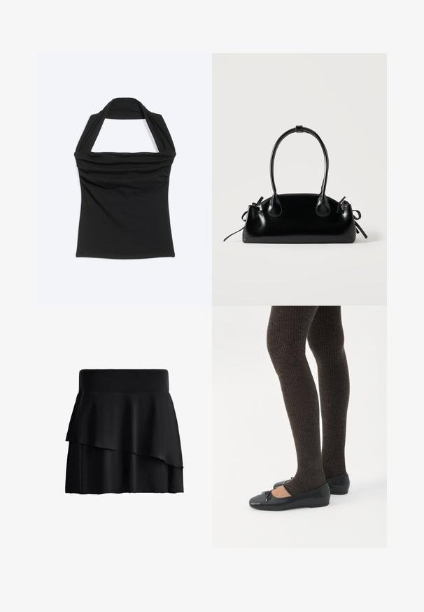 Haut dos nu noir avec un détail de tissu froncé sur le long de l'encolure, présenté à plat sur un fond clair.; Mini-jupe noire avec une large ceinture et un détail de volants superposés asymétriques, présentée sur fond blanc.; Jambes portant des leggings côtelés foncés associés à des ballerines noires avec de petits détails en nœud sur fond blanc.; Petit sac à main noir brillant avec deux longues anses et des détails à cordon sur les côtés sur un fond clair uni.