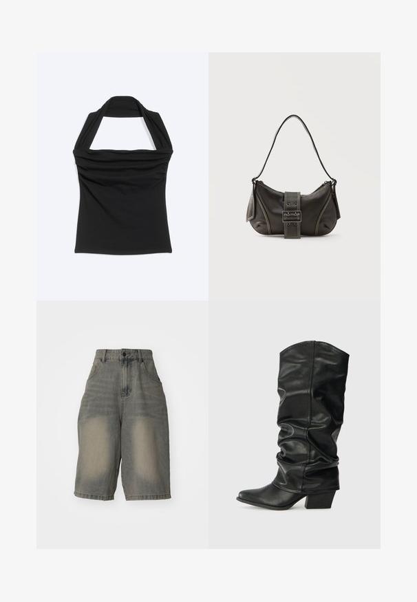 Haut dos nu noir avec un détail de tissu froncé sur le long de l'encolure, présenté à plat sur un fond clair.; Jaded London LIGHT WASH JUMBO JORTS - Short en jean - light wash; Bottes noires en cuir, montantes jusqu'au genou, avec un design plissé, un bout pointu et un talon épais, présentant une texture lisse et des coutures minimales.; Sac à épaule en cuir noir avec une sangle à boucle, des bords arrondis et des coutures blanches contrastées sur un fond uni.
