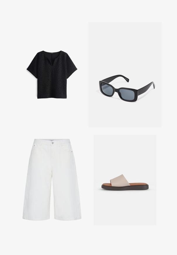 Schwarzes Oberteil mit V-Ausschnitt und kurzen Ärmeln. Strukturierter Stoff mit einem subtilen Muster. Lockere Passform mit geradem Saumdesign.; Weiße knielange Jeansshorts mit vorderem Knopf und Reißverschluss, Gürtelschlaufen und seitlichen Taschen.; Beige Sling-Sandale mit einem breiten Riemen, konturiertem, braunem Fußbett und einer dunkelbraunen Plattformsohle. Glatte Textur, schlichtes Design.; Schwarze rechteckige Sonnenbrille mit dunkel getönten Gläsern, dickem Kunstrahmen und breiten Bügeln. Glatte Oberfläche und kantiges Design.