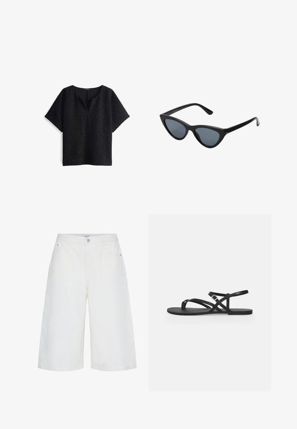 Schwarzes Oberteil mit V-Ausschnitt und kurzen Ärmeln. Strukturierter Stoff mit einem subtilen Muster. Lockere Passform mit geradem Saumdesign.; Weiße knielange Jeansshorts mit vorderem Knopf und Reißverschluss, Gürtelschlaufen und seitlichen Taschen.; Schwarze flache Sandale mit dünnen Riemchen, Zehenschlaufe und verstellbarem Schnallenriemen am Knöchel auf einem schlichten hellgrauen Hintergrund.; Schwarze Cat-Eye-Sonnenbrille mit dunkelgrauen Gläsern, schlankem Kunststoffrahmen, spitzen Ecken und geraden Bügeln. Keine sichtbaren Befestigungen oder Akzente.