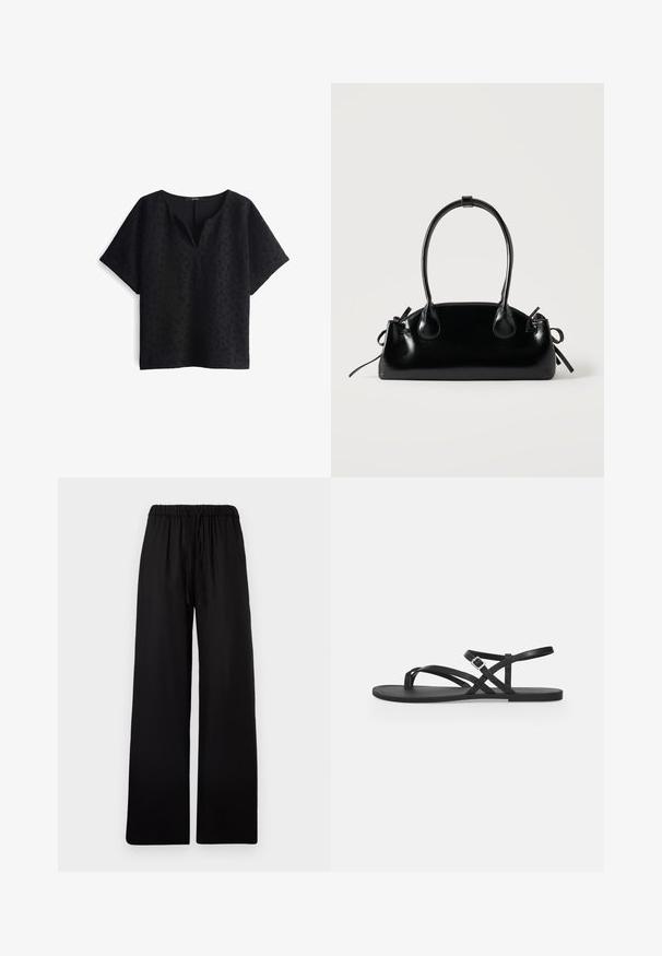 Schwarzes Oberteil mit V-Ausschnitt und kurzen Ärmeln. Strukturierter Stoff mit einem subtilen Muster. Lockere Passform mit geradem Saumdesign.; Schwarze Hose mit weitem Bein, elastischem Bund und Kordelzug, flach auf einem hellgrauen Hintergrund präsentiert.; Schwarze flache Sandale mit dünnen Riemchen, Zehenschlaufe und verstellbarem Schnallenriemen am Knöchel auf einem schlichten hellgrauen Hintergrund.; Kleine schwarze glänzende Handtasche mit zwei langen Griffen und seitlichen Kordelzug-Details vor einfachem hellem Hintergrund.