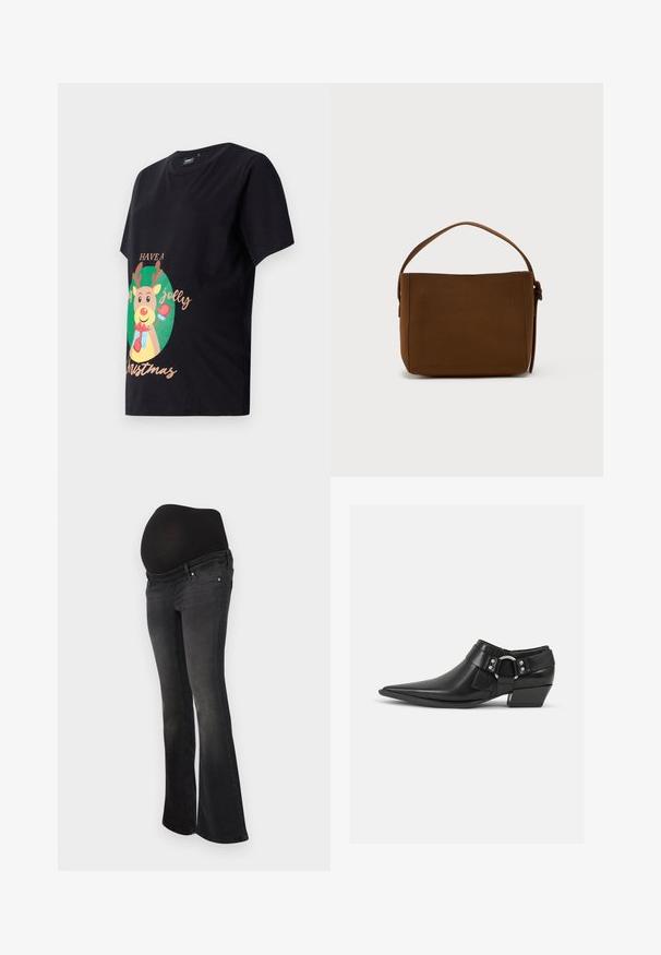 Camiseta negra de algodón con un reno impreso con cuernos, un manopla roja y el texto "Que tengas una feliz Navidad" en dorado.; Jeans de maternidad en denim gris oscuro con un panel negro elástico para soporte de la barriga, diseño de pierna acampanada y estilo clásico de cinco bolsillos.; Botas de cuero negras hasta el tobillo con puntera puntiaguda, que presentan una correa de cuero en la parte delantera y un detalle de hebilla plateada, además de un tacón bajo y cuadrado.; Bolso de hombro rectangular marrón con un asa ancha y detalle de hebilla, sobre un fondo blanco liso.