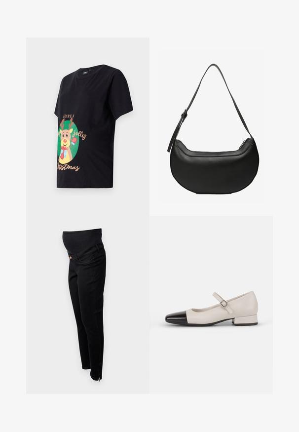 Camiseta negra de algodón con un reno impreso con cuernos, un manopla roja y el texto "Que tengas una feliz Navidad" en dorado.; Jeans de maternidad negros con una banda elástica sobre el vientre, corte ajustado, cremalleras en los tobillos y diseño clásico de cinco bolsillos. Textura de denim suave.; Zapato estilo Mary Jane en cuero crema con puntera de charol negro. Presenta una punta redonda, tirante en el tobillo con una hebilla cuadrada y un tacón bajo y cuadrado.; Bolso de cuero negro con forma de media luna, con una larga correa ajustable y cierre superior con cremallera.