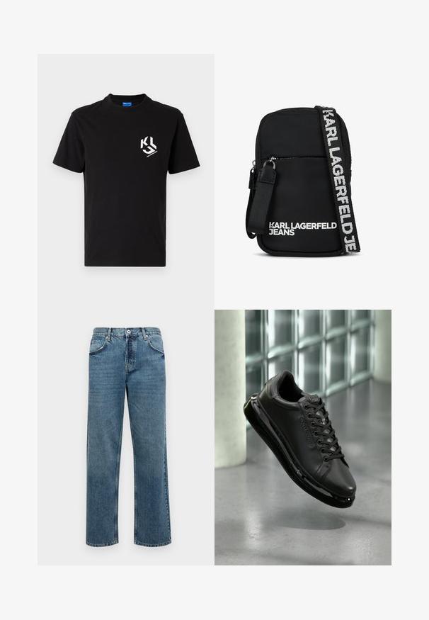 Camiseta de algodón negra con un gráfico blanco en la parte izquierda del pecho. Cuello redondo, mangas cortas y un diseño de corte clásico.; Pantalones vaqueros de denim azul con corte recto, que cuentan con cinco bolsillos, cierre de botón y cremallera, y detalles de costura visibles.; Zapatilla de cuero negra con diseño de cordones, que cuenta con una suela acolchada y acentos reflectantes. El zapato está levitando sobre una superficie lisa.; Bolso cruzado de tela negra con forma rectangular, que cuenta con un bolsillo frontal con cremallera y una bandolera con logo en blanco en contraste.