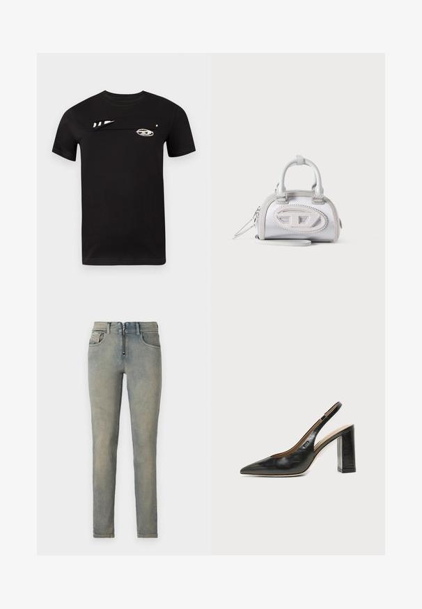 T-shirt en coton noir à manches courtes, présentant un design unique à l'avant et des graphismes blancs. Texture lisse et col rond standard.; Jean skinny en denim bleu clair, avec une fermeture éclair devant, cinq poches, et un délavage avec des variations de couleur subtiles.; Chaussure slingback en cuir noir à bout pointu avec un talon bloc haut et une doublure intérieure beige sur un fond clair uni.; Petit sac à main blanc avec double poignée, logo ovale cousu à l'avant et bracelet de poignet détachable sur fond clair.