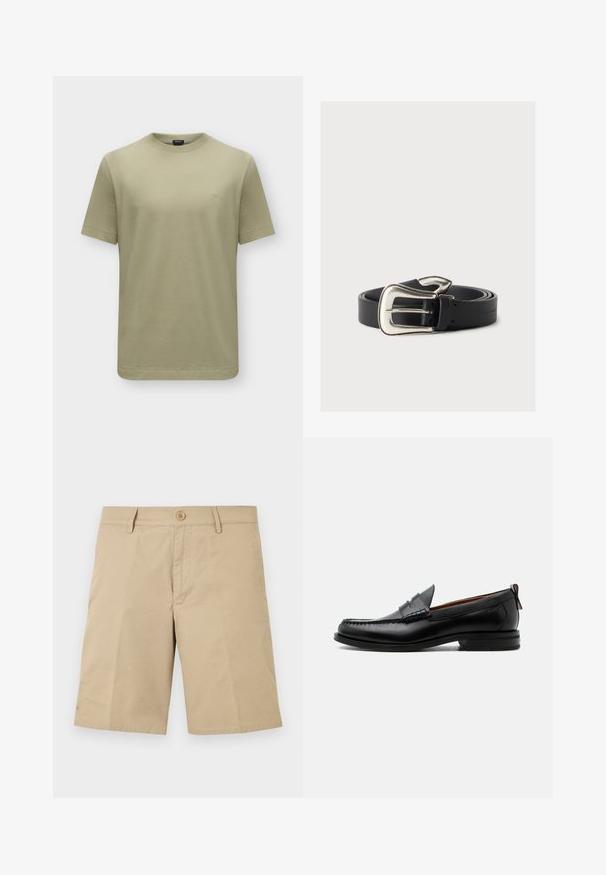 T-shirt kaki uni à manches courtes avec col rond et petit logo "BOSS" sur la poitrine gauche.; Shorts beiges mi-cuisse avec passants de ceinture, bouton à l'avant et fermeture éclair, présentés à plat sur un fond blanc.; Mocassin homme en cuir noir avec couture moc toe, bride penny, col texturé et petit talon empilé sur fond blanc.; Ceinture en cuir noir avec une grande boucle argentée de style western, enroulée sur un fond neutre.