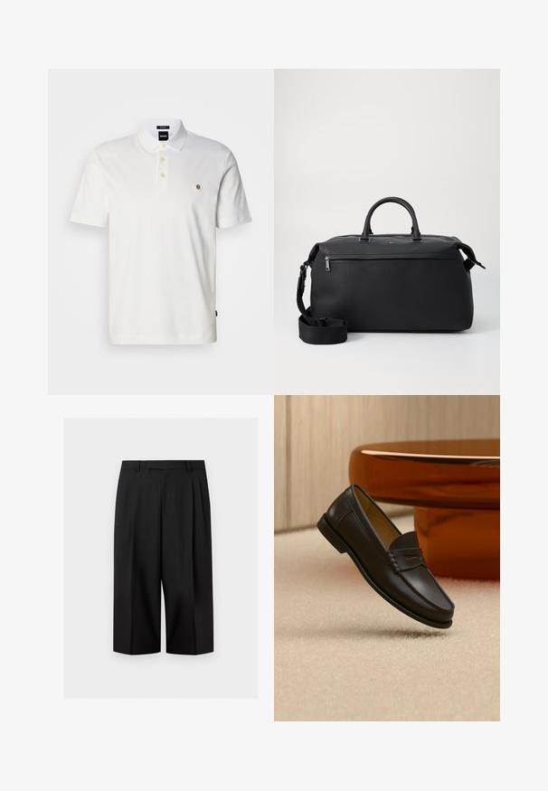 Polo blanc en coton, doté d'une patte de boutonnage à trois boutons, de manches courtes et d'un petit logo brodé sur le côté gauche de la poitrine.; Pantalon noir à jambes larges et courtes avec passants de ceinture et plis avant, présenté sur un fond clair uni.; Chaussure mocassin en cuir noir suspendue au-dessus d’un tapis beige avec du mobilier moderne couleur ambre en arrière-plan.; Sac de voyage en cuir noir avec deux poignées supérieures, une bandoulière amovible et une poche avant zippée pour un espace de rangement supplémentaire.