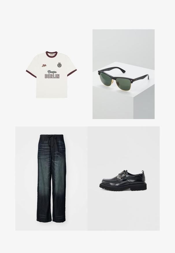 Camiseta blanca de manga corta con ribete burdeos, texto "Escape BERLIN" en el centro del frente, "Mitte" en el lado izquierdo del pecho y un emblema circular con dos estrellas en el lado derecho del pecho.; Pantalones de pierna ancha en denim oscuro con un desvanecimiento gradual. Cuentan con una cinturilla elástica con cordón. Textura suave con patrones de desgaste sutiles.; Mocasín de cuero negro con suela gruesa y correa con hebilla plateada en el lateral sobre fondo blanco.; Gafas de sol Ray-Ban con lentes verdes, montura de plástico negro y acentos dorados en los bordes. Forma cuadrada con acabado mate.