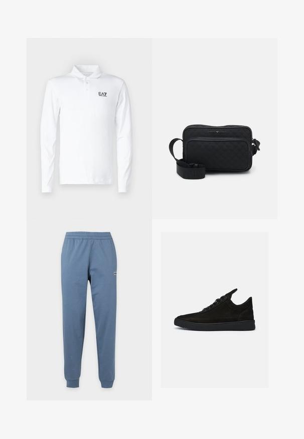 Polo à manches longues blanc en coton, avec un col classique, trois boutons et un logo EA7 noir sur la poitrine.; Pantalon décontracté bleu avec taille et poignets élastiques, avec un petit logo sur la cuisse supérieure sur fond uni.; Baskets en daim noir à profil bas, avec un bout rond et une semelle en caoutchouc texturé. Comprend cinq œillets et une languette à l'arrière.; Sac bandoulière noir en tissu matelassé avec fermeture éclair, bandoulière réglable et poche avant. Présente un logo de marque subtil en argent.