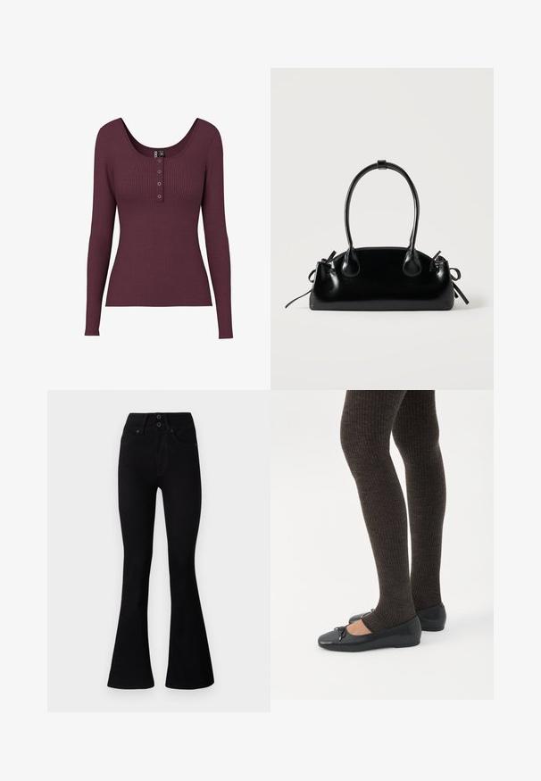 Top de manga larga de canalé burdeos con escote en forma de barco y detalle de tres botones en el pecho. Hecho de material de punto texturizado.; Pepe Jeans FLARE CONTOUR - Vaqueros a campana - black denim; Piernas con leggings oscuros acanalados combinados con bailarinas negras que presentan pequeños detalles de lazo sobre un fondo blanco.; Pequeño bolso negro brillante con dos asas largas y detalles de cordón lateral sobre un fondo claro liso.